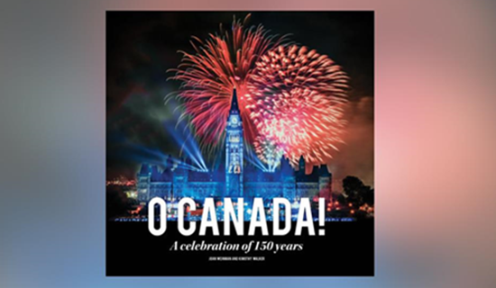 book cover with the canadian parlement and firework. the word O Canada
