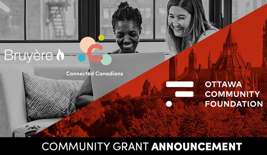 Ottawa Community Foundation, Bruyère and Connected Canadians logos with two people looking at laptop
