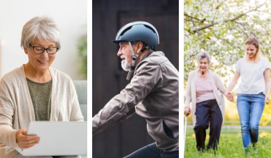 triptyque avec une femme plus âgée sur un ordinateur portable, un homme plus âgé avec un casque de vélo, une jeune femme aidant une femme plus âgée à marcher avec une canne
