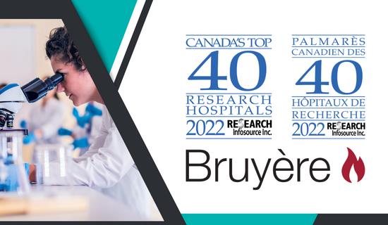 Bilingual Canada's Top 40 Research Hospital logo with photo of woman looking in microscope
