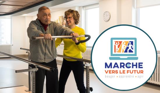 senior man balances with help from health care provider, with marche vers le futur logo