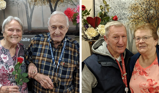 2 senior couples smilling with a flower in hand