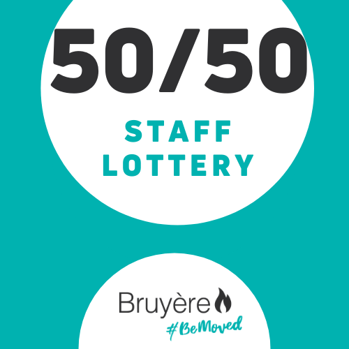 50/50 STAFF LOTTERY text on white circles placed on teal background