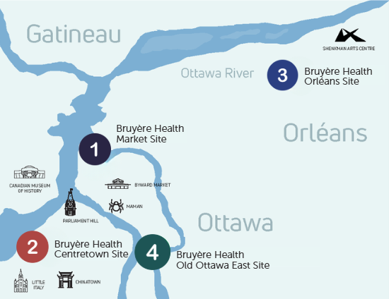 Map showing directions and amenities to Bruyère Health Saint-Vincent Hospital and surrounding areas.