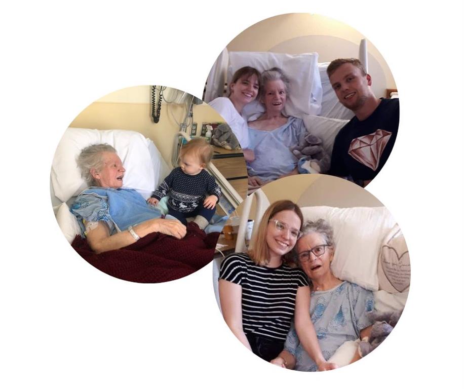 Joan Dettrich and her family members in three photos within round frames