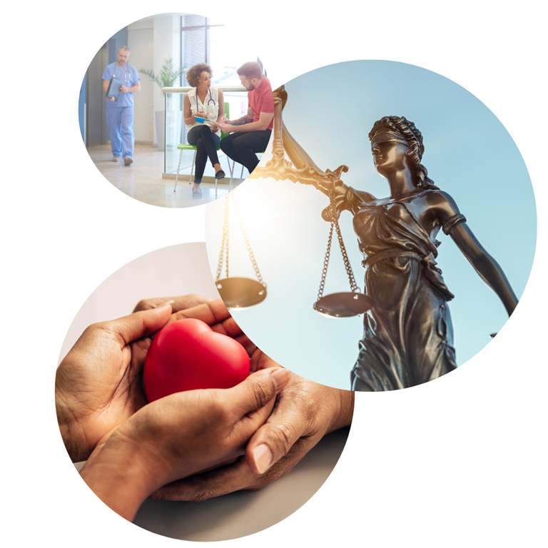 3 circular photos; woman getting consent from a man with health care worker in background, lady justice statue with scales, and two hands holding a heart