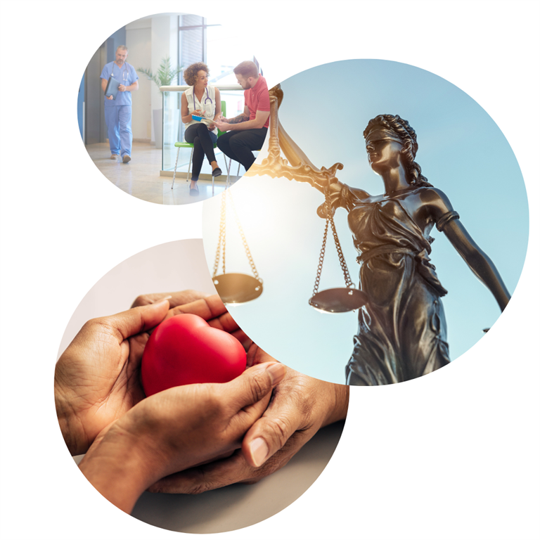 Healthcare consent process, Lady Justice statue, and hands holding a heart.